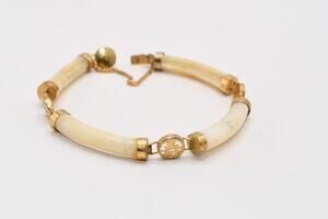 Vintage Chinese Bracelet Mother of Pearl Gold Tone Symbols 7”
